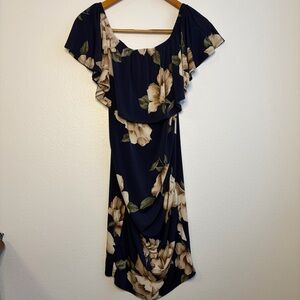 My Bump Navy Floral Off-Shoulder Midi Dress Romantic Draped Silhouette